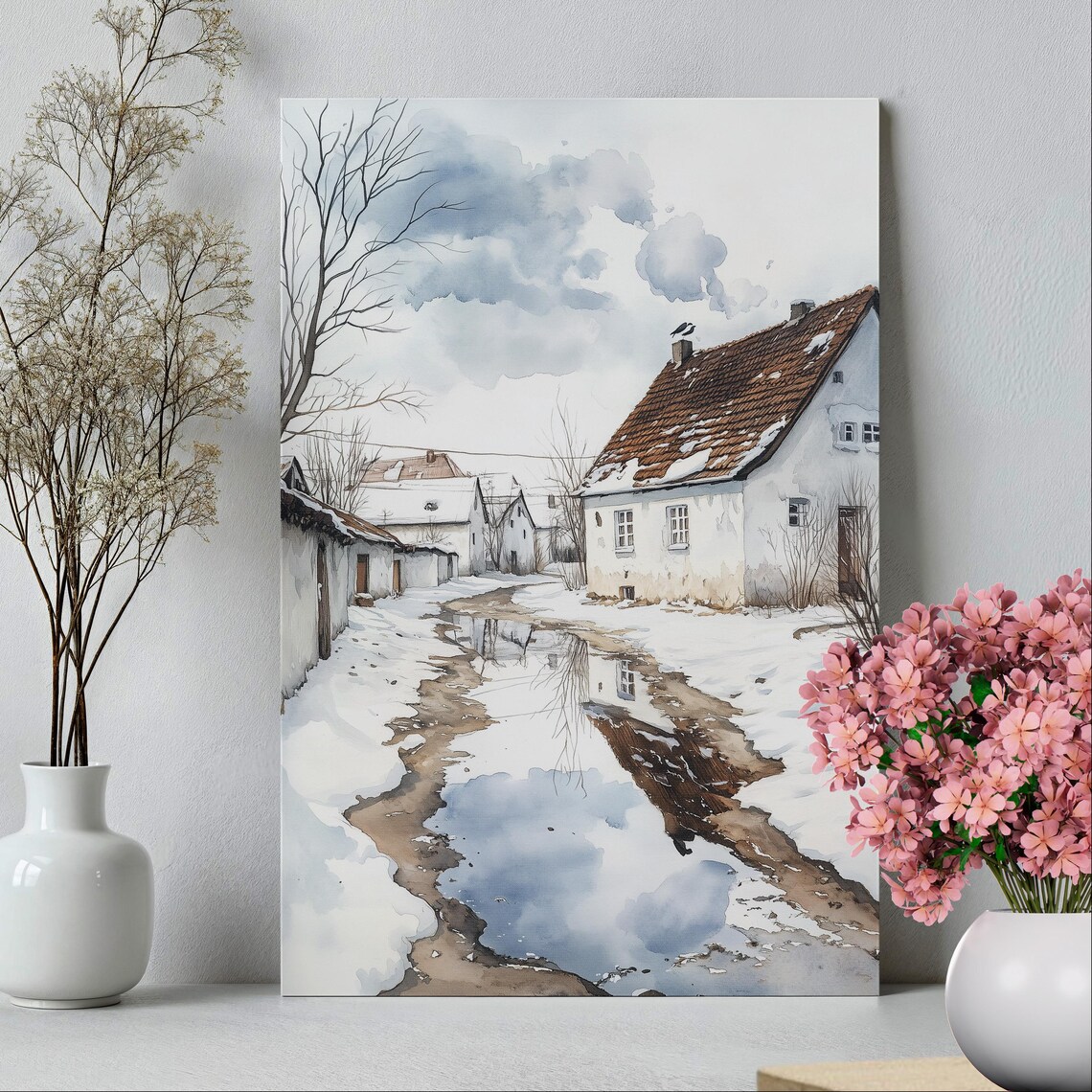 Snowy Small Town Street Watercolor Melting Snow Village Lane Art Print - Image 2