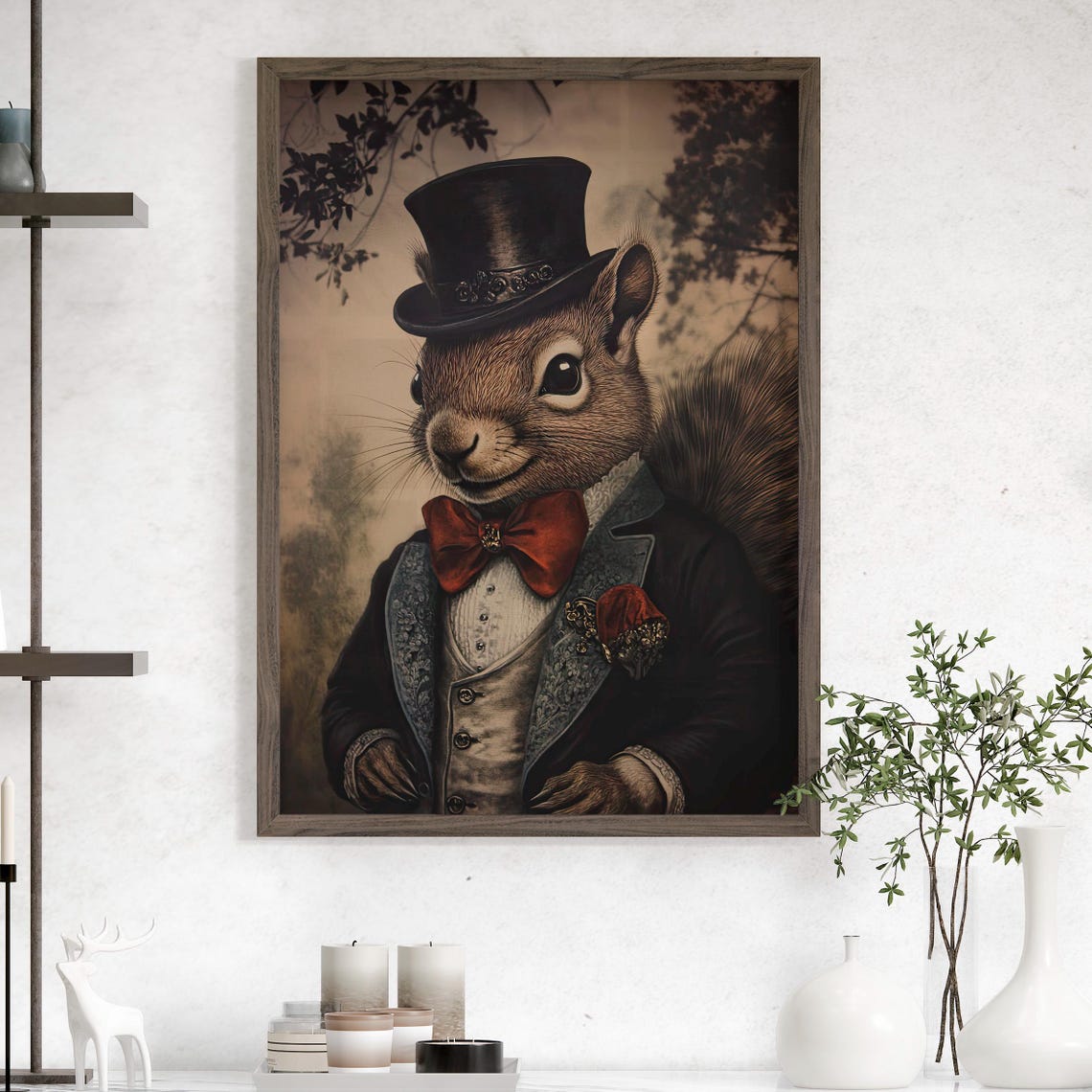 Victorian Squirrel Gentleman in Top Hat Red Bow Tie Portrait Print