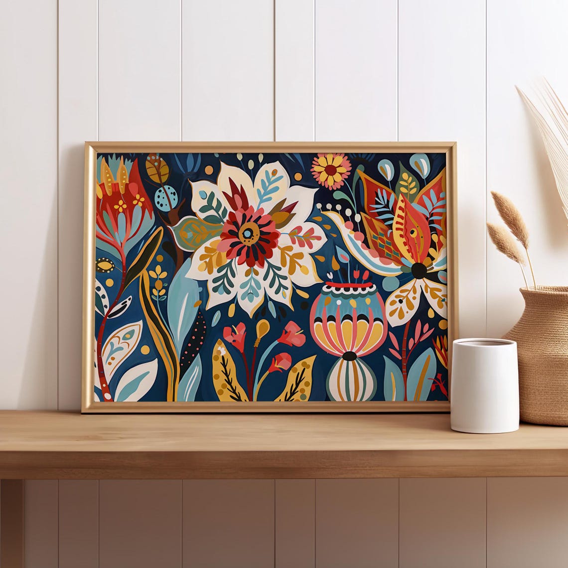 Mexican Style Colorful Folk Flowers Boho Botanical Decor Art Poster
