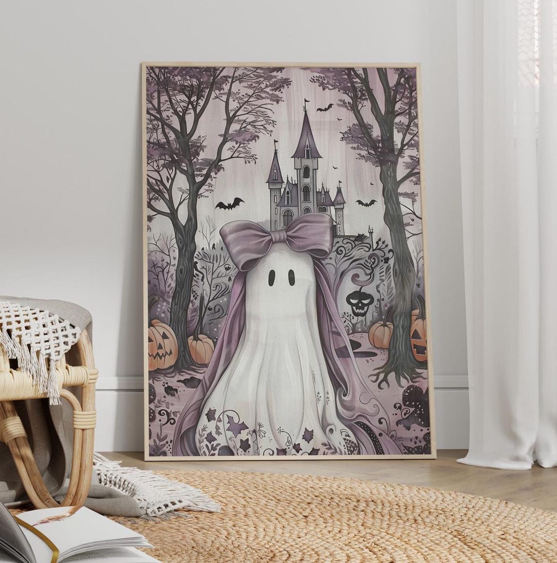 Vintage Sheet With Purple Bow On Her Poster Or Canvas Print Girly Coquette Quirky Whimsigoth Halloween Wall Decor