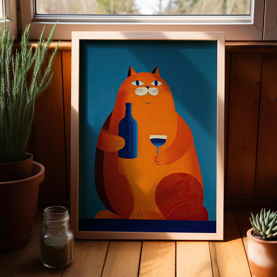 Fat Orange Tabby Cat With Wine Bottle Retro Kitchen Funny Poster