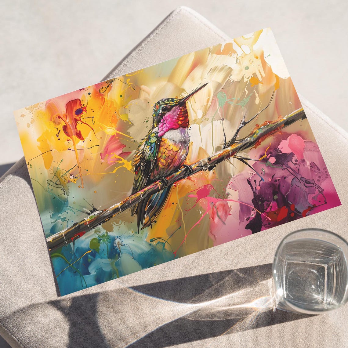 Vibrant Rainbow Watercolor Hummingbird on a Branch Art Poster
