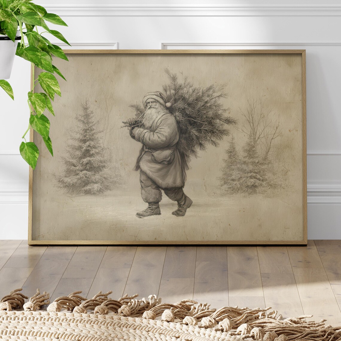 Vintage Santa Claus Pencil Sketch Carrying Christmas Tree Winter Poster