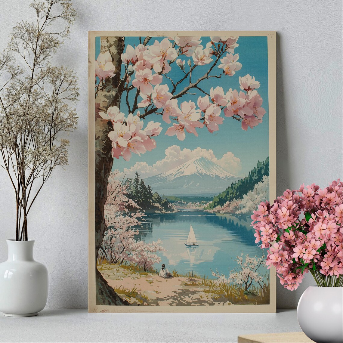 Mount Fuji Cherry Blossom Lake Sailboat Vintage Japan Travel Poster - Image 2