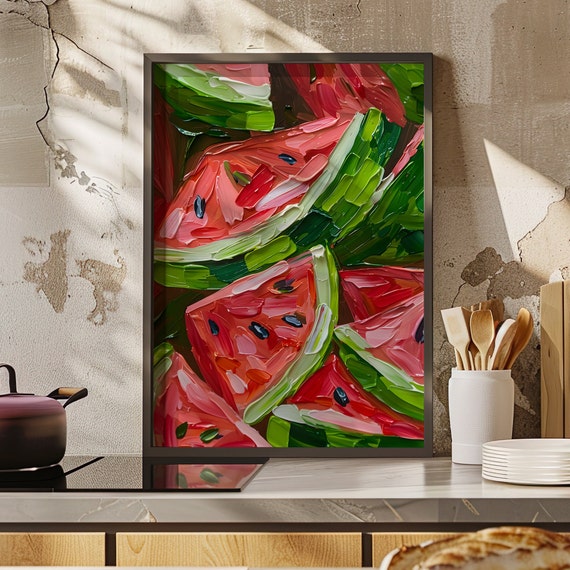 Watermelon Slices Oil Painting Art Print Or Canvas Abstract Fruit Wall Red And Green Food Kitchen Decor Poster