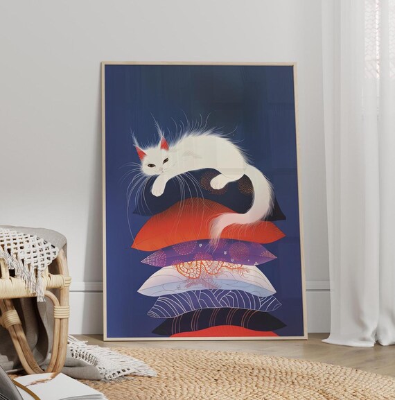 White Cat with Tufted Ears on Colorful Pillows Japanese Art Poster