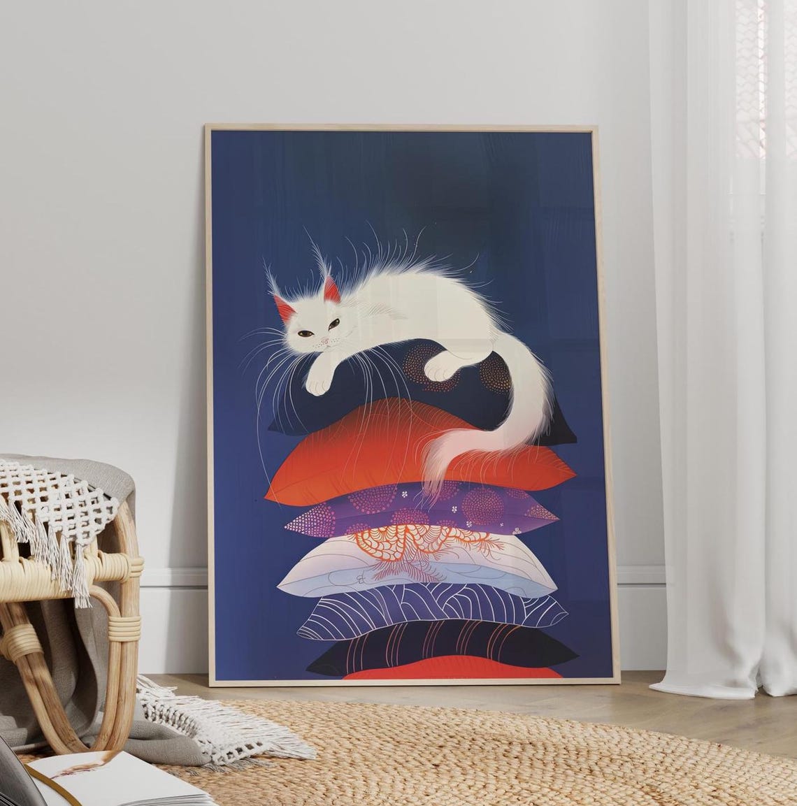 White Cat with Tufted Ears on Colorful Pillows Japanese Art Poster