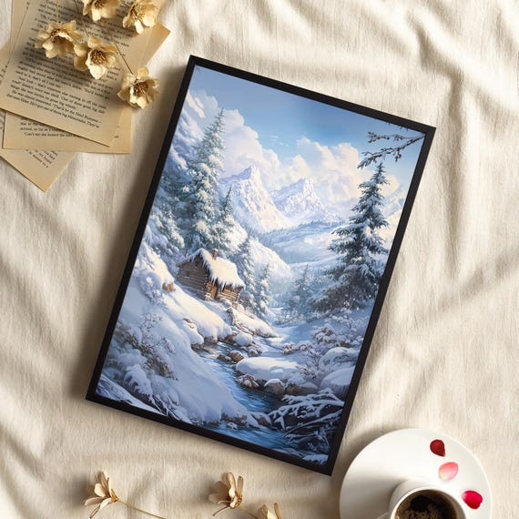 Wooden House By The Stream In Snowy Mountain Poster Or Canvas Print Pine Forest And Peaks Winter Landscape Painting Fairycore Wall Art