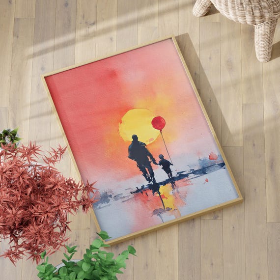 Father And Child Sunset Walk Watercolor Art Poster Or Canvas Print Dad Son Silhouette Heartfelt Minimalist Painting Wall Decor