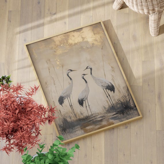 Japanese Cranes Rustic Painting Poster Or Canvas Print Beige And Gold Bird Abstract Japandi Wall Art Minimalist Decor