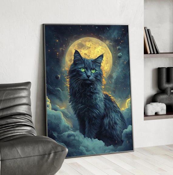 Mystical Russian Blue Cat On Cloudy Sky Painting Poster Or Canvas Print Dark Academia Gothic Witchy Moon And Whimsigoth Art