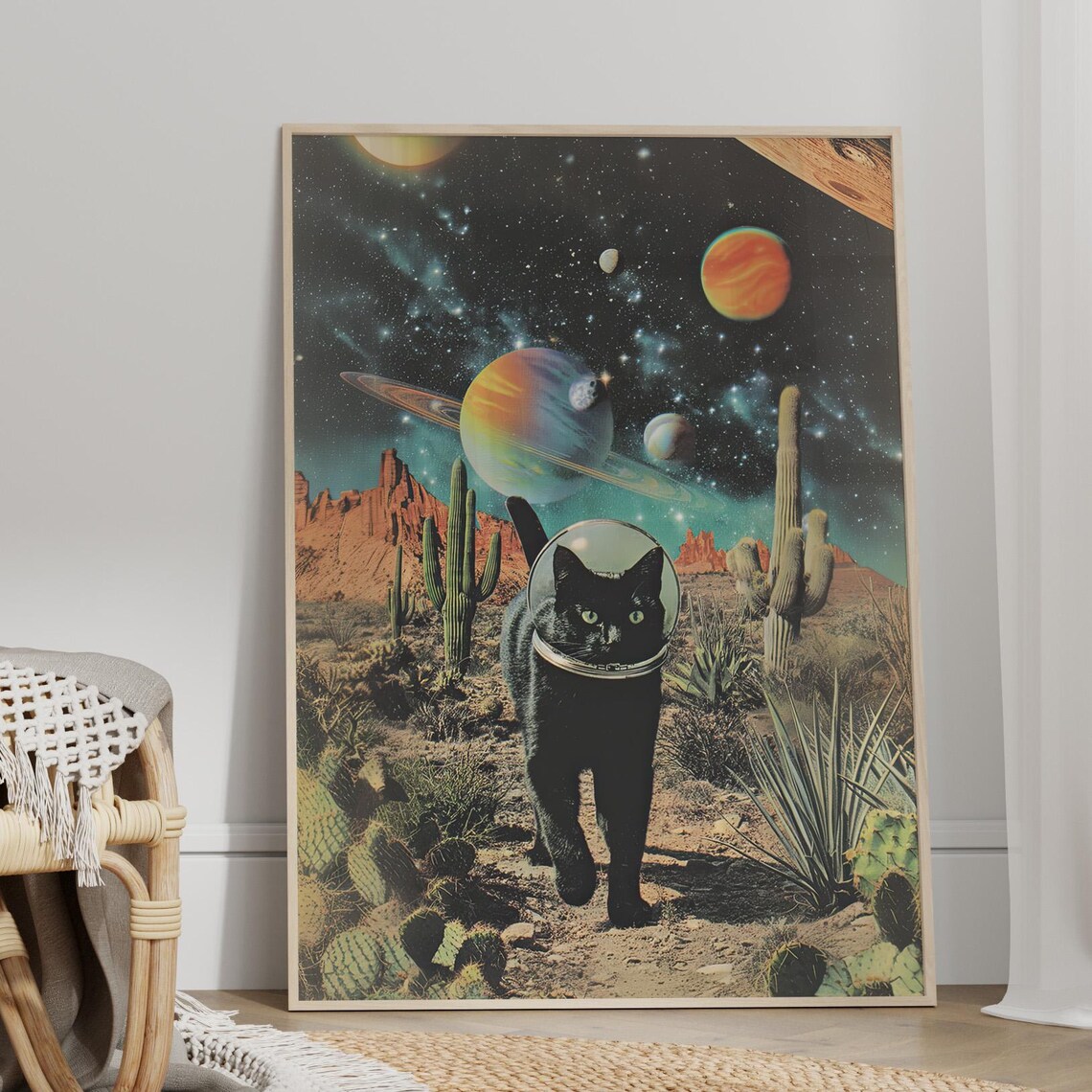 Black Cat Astronaut Space Desert Retro Futuristic Surreal Poster