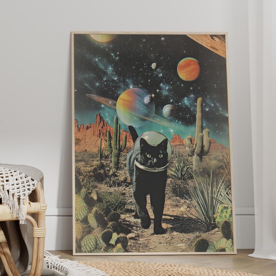 Black Cat Astronaut Space Desert Retro Futuristic Surreal Poster