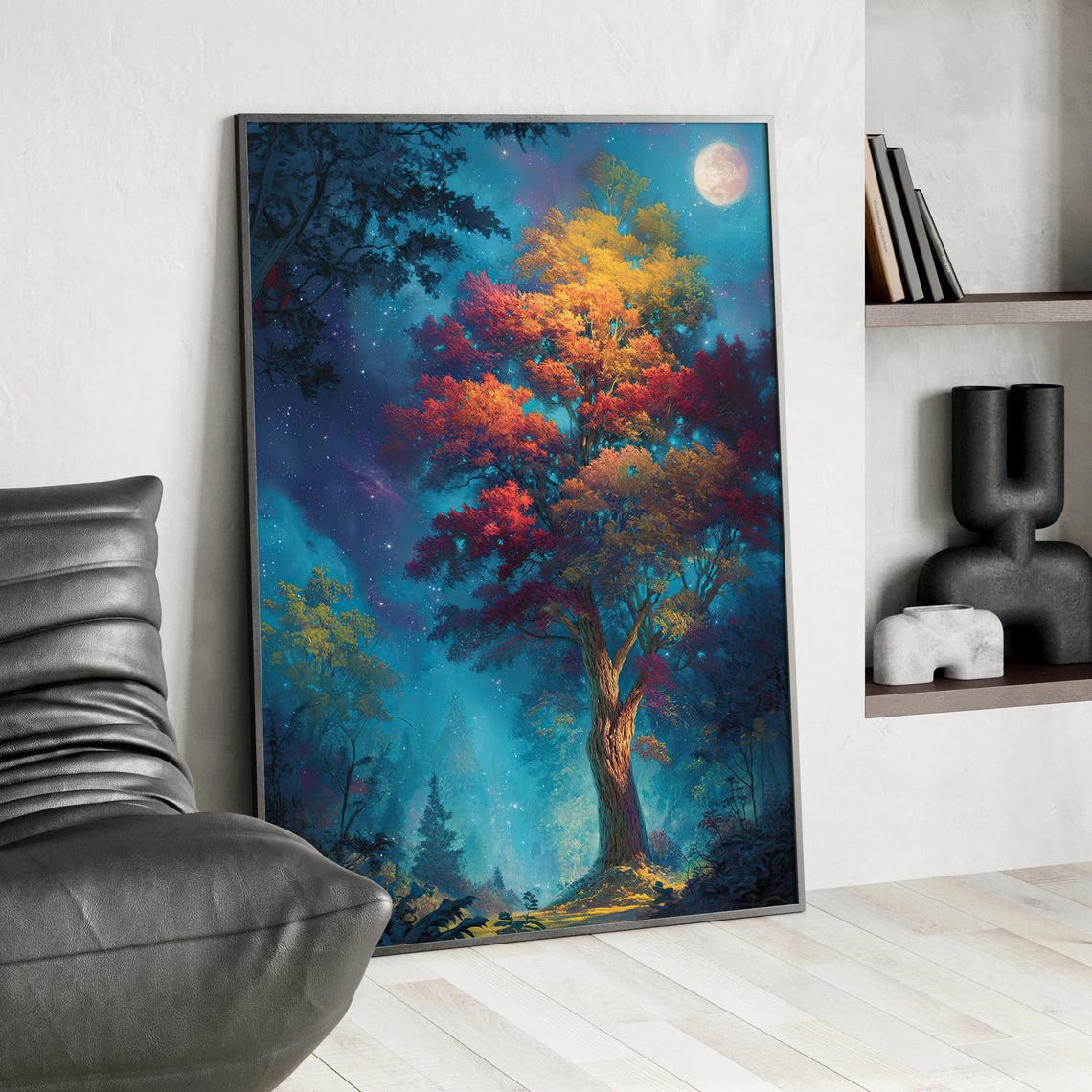 Magical Colorful Autumn Tree Under Night Sky With Full Moon Poster