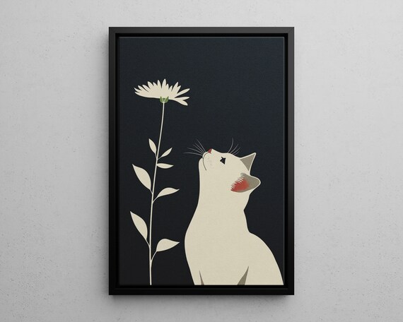 Minimalist White Cat And Flower Japanese Style Art Print Or Canvas Whimsical Floral Wall Pet Lover Gift Illustration Blue