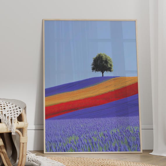 Tree On The Colorful Hill Wall Art Poster Or Canvas Print Vibrant Nature Landscape Modern Abstract Floral Artwork