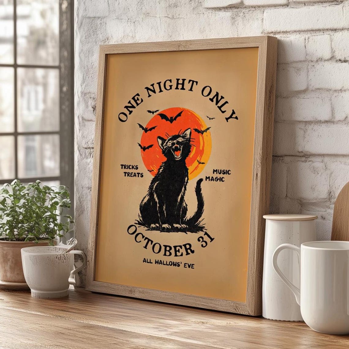 One Night Only Retro Halloween Black Cat October 31st Art Poster