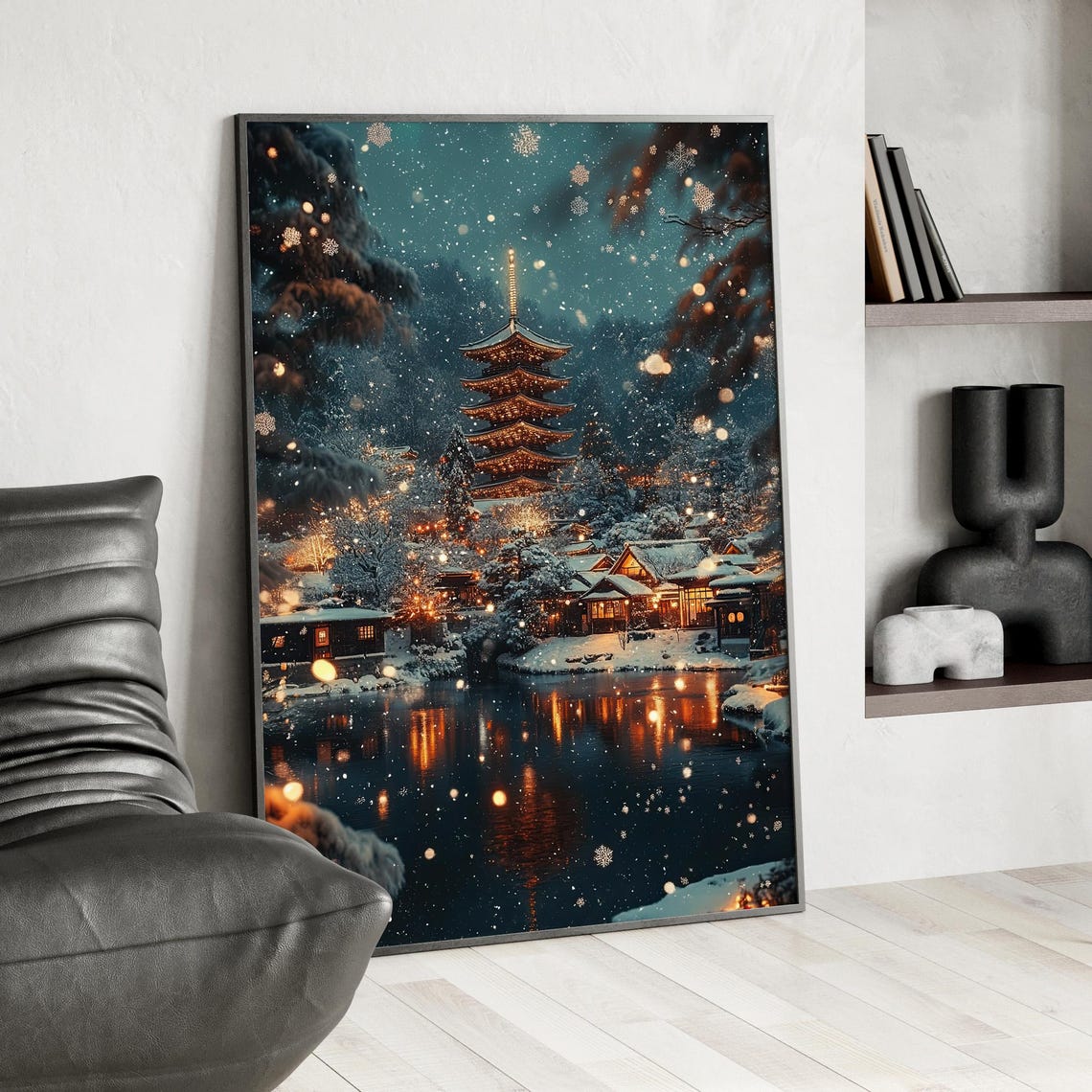 Japanese Snowy Pagoda Lights Winter Night Landscape Wall Art