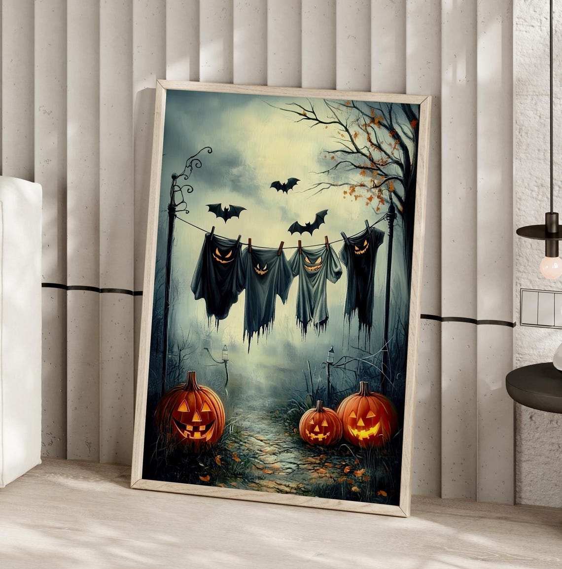 Halloween Hanging Laundry Art With Pumpkins And Bats Spooky Poster Or Canvas Creepy Decor Dark Moody Wall