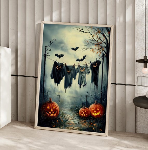 Halloween Hanging Laundry Art With Pumpkins And Bats Spooky Poster Or Canvas Creepy Decor Dark Moody Wall