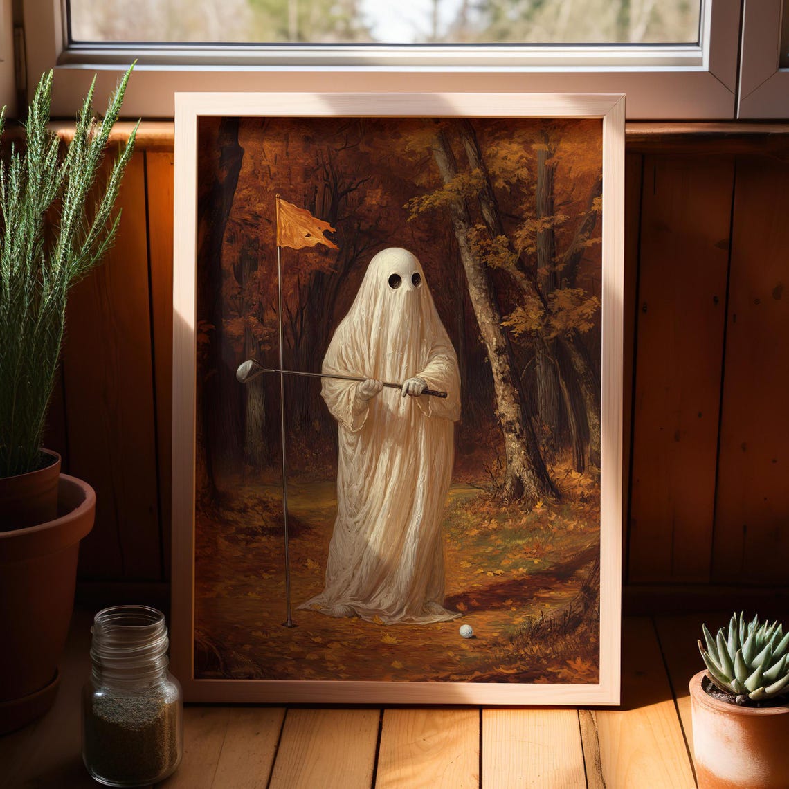 Playing Golf In Autumn Vintage Oil Painting Poster Or Canvas Spooky Art Whimsical Halloween Wall Decor Fall
