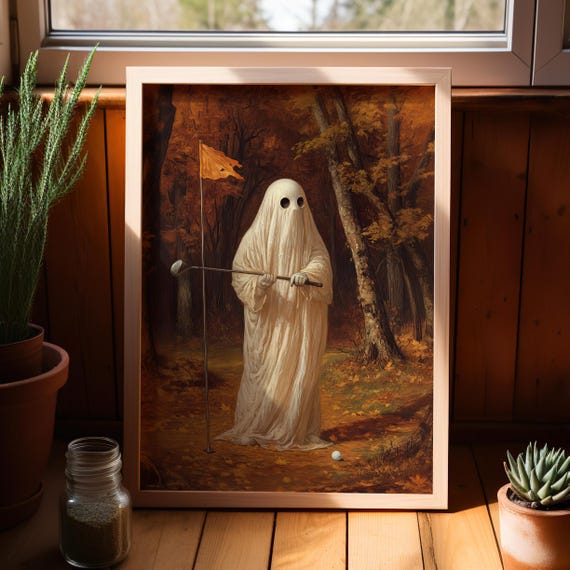 Playing Golf In Autumn Vintage Oil Painting Poster Or Canvas Spooky Art Whimsical Halloween Wall Decor Fall