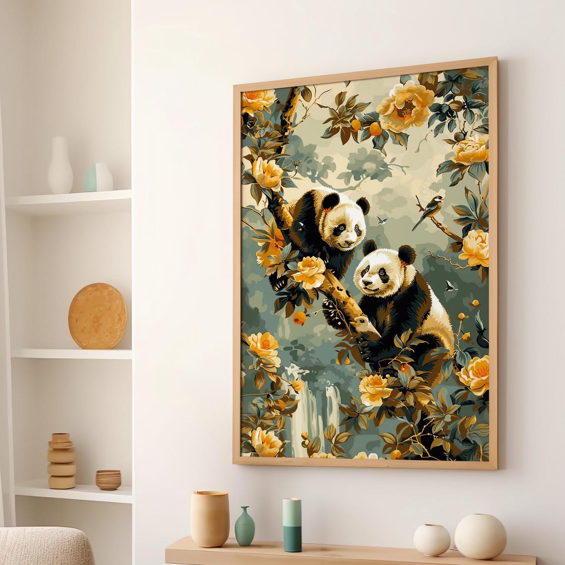 Two Pandas in a Flowering Tree Chinese Style Animal Art Poster