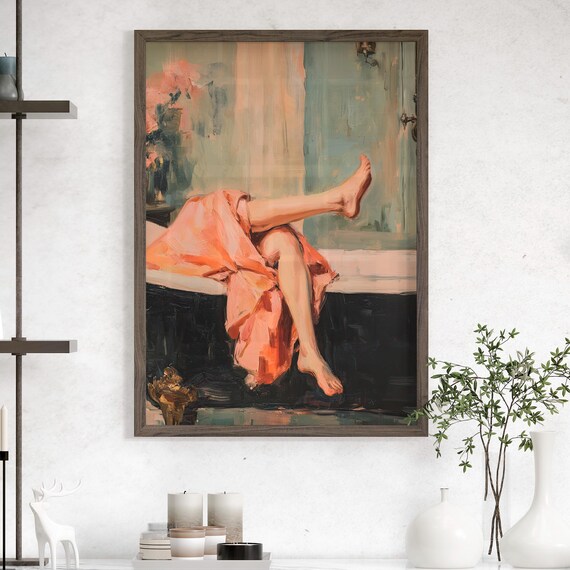 Vintage Bathtub Woman Wall Art Poster Or Canvas Print Lady Pastel Pink Oil Painting Feminine Bathroom Decor Glam Retro Gift For Her