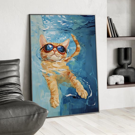 Floating Ginger Cat Oil Painting Poster Or Canvas Print Cute Playful Art Retro Whimsical Wall Swimming Pool Blue Happy Pet
