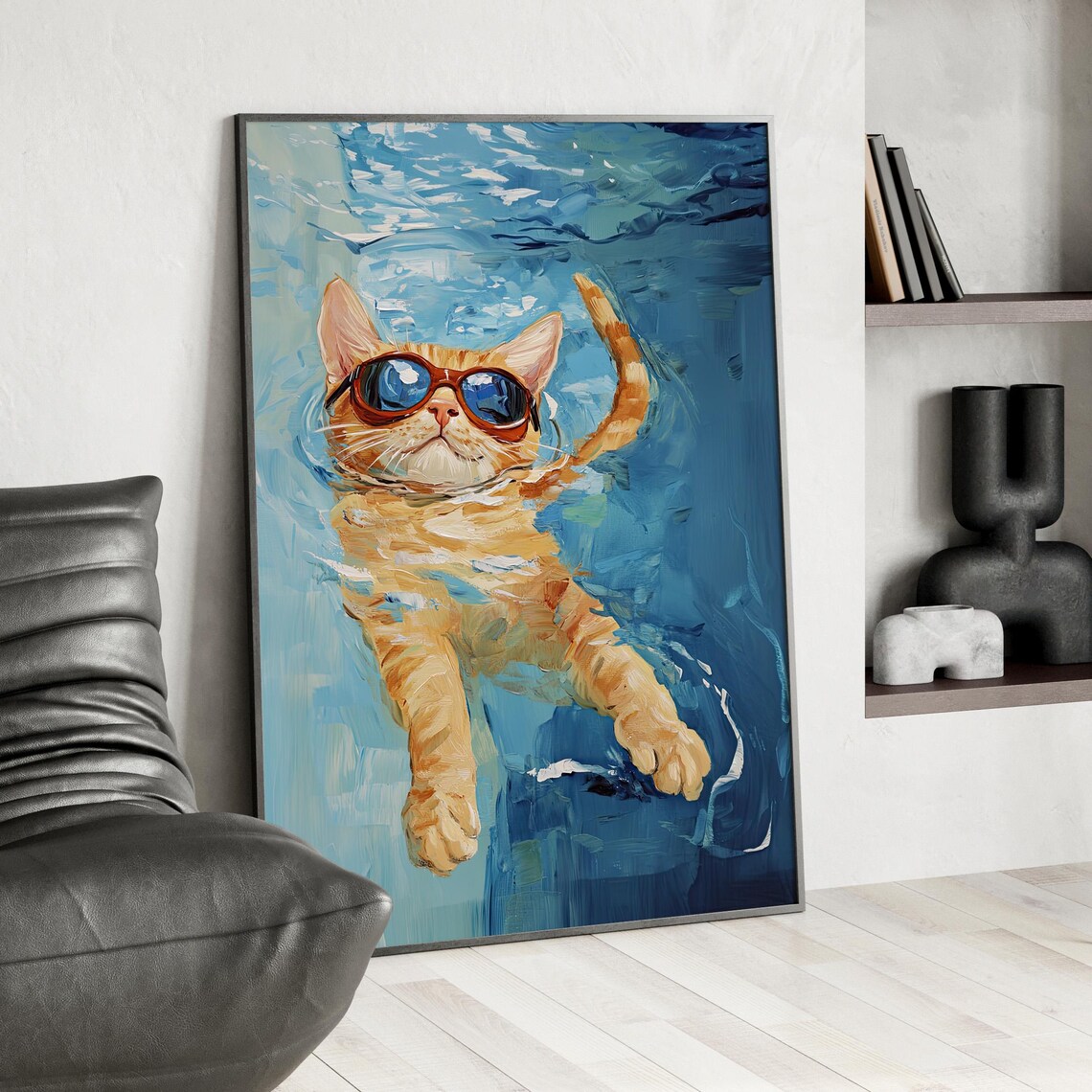 Floating Ginger Cat With Sunglasses Swimming Oil Painting Poster