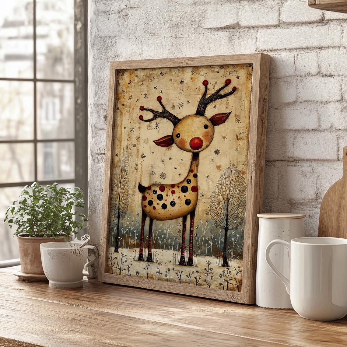 Whimsical Folk Art Red Nose Reindeer Rustic Christmas Poster