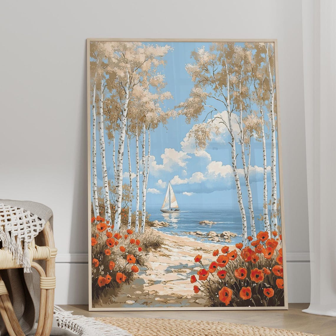 Birch Trees Red Poppies Sailboat Coastal Watercolor Painting Poster