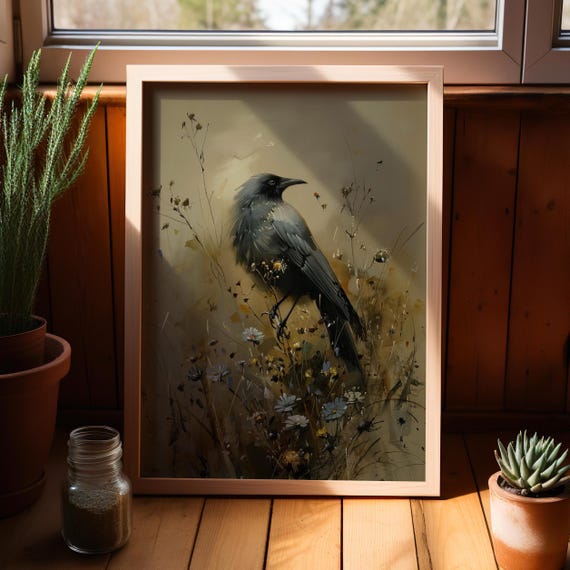Black Crow Among Wildflowers Moody Gothic Bird Painting Poster