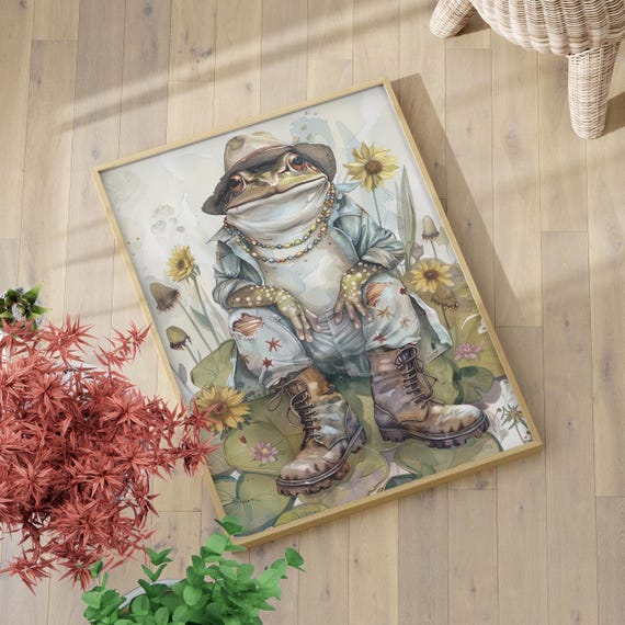 Frog With Beads And Jeans Artful Watercolor Sunflower Dorm Decor Art Print Or Canvas Funny Animal Painting Gifts For Teen Poster