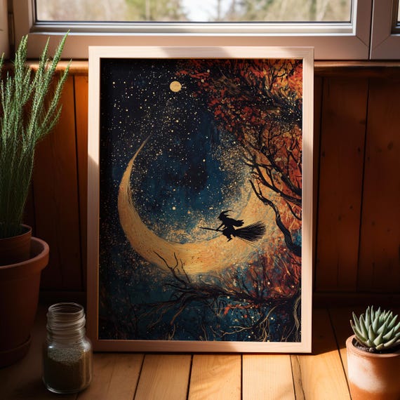 Witch On A Broom Flying Through The Enchanted Starry Night Sky With Crescent Moon Poster Or Canvas Art Print Mystical Halloween