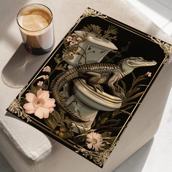 Alligator On The Toilet Botanical Floral Vintage Style Whimsical Wall Art Poster Or Canvas Print Crocodile Potty Funny Bathroom Sign