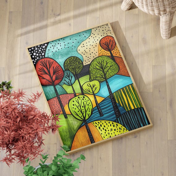 Whimsical Abstract Forest Illustration Poster Or Canvas Print Woodcut Style Trees Colorful Nature Wall Decor Modern Expressionist Art