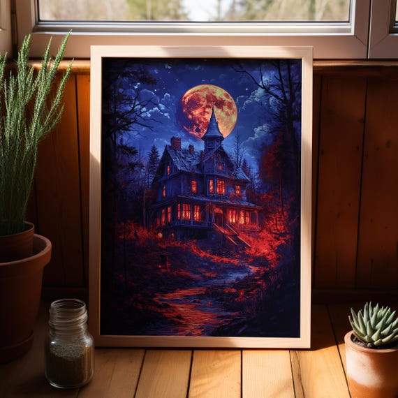 Old Haunted House In The Dark Forest Under Full Moon Surreal Art Poster Or Canvas Print Academia And