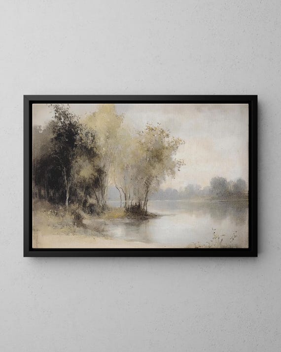 Vintage Riverbank Oil Painting Poster Or Canvas Print Rustic Muted Landscape Antique Moody Abstract River Art
