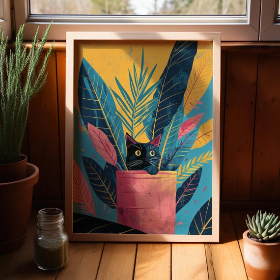 Botanical Cute Black Cat In A Pink Vintage Pot Illustration Poster Or Canvas Print Quirky Impressionism Wall Art Funny Gift