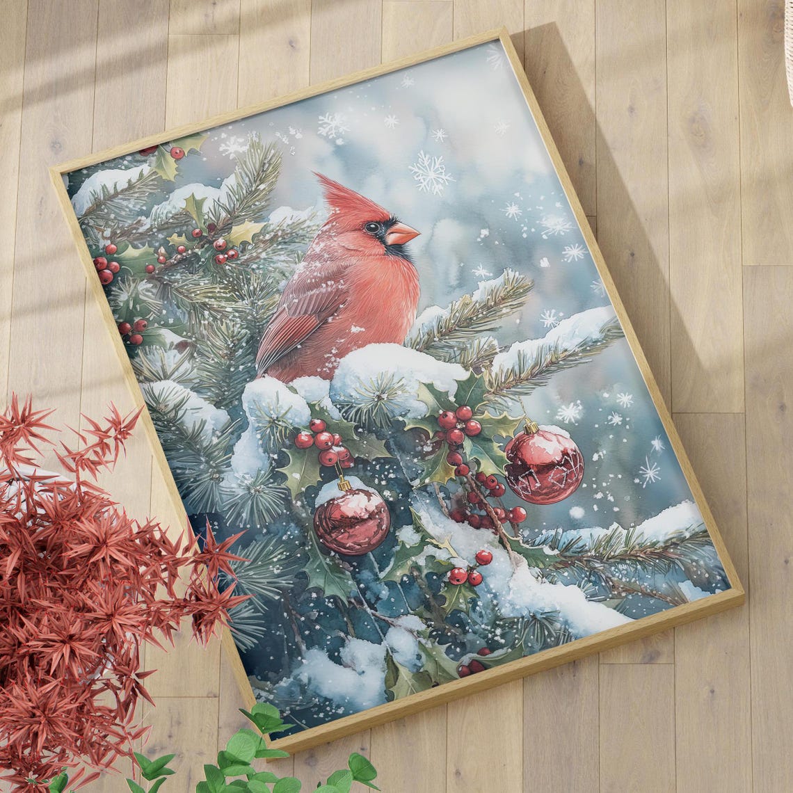 Red Cardinal on Snowy Pine Branches With Christmas Ornaments Art Print