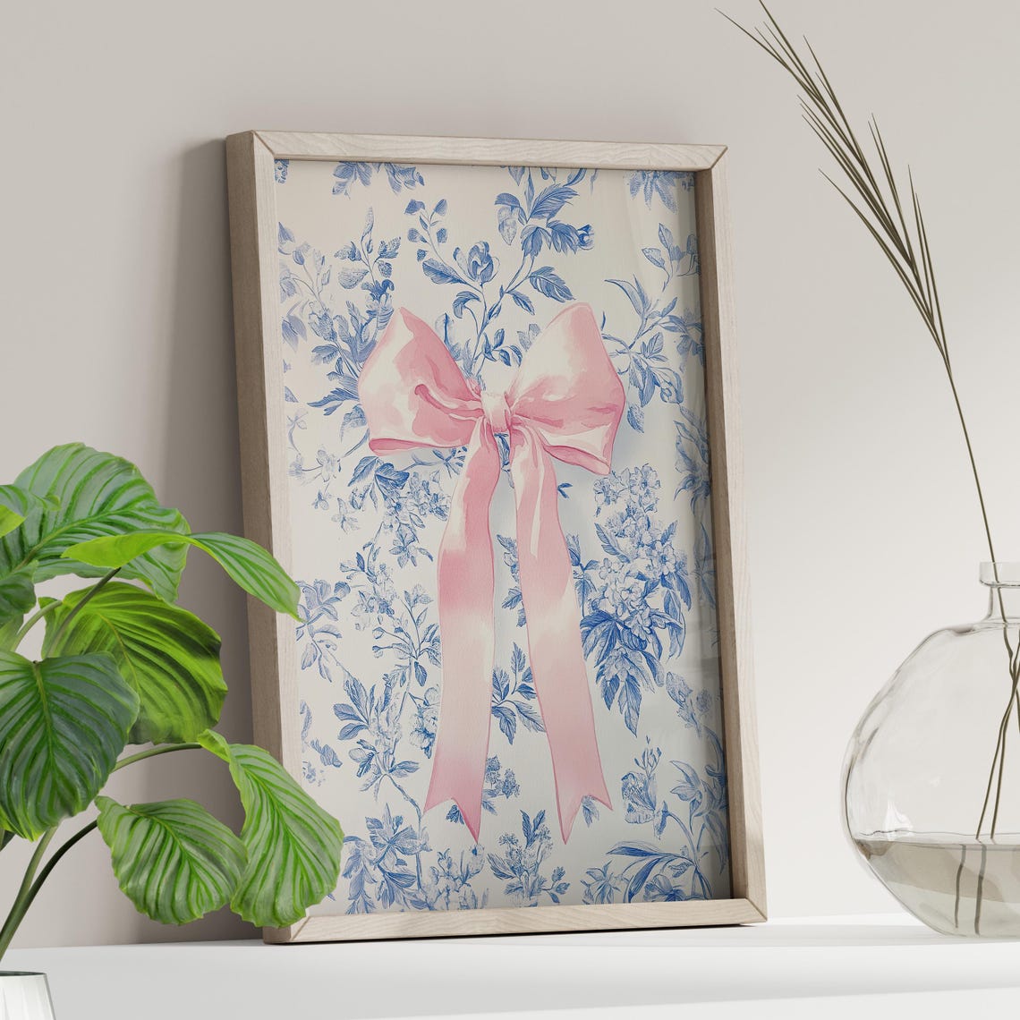 Pink Bow on Blue Toile Floral Watercolor Coquette Chic Room Art Poster