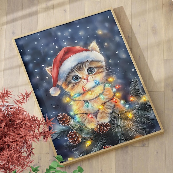 Baby Kitten In Santa Hat Wrapped In Christmas Lights Watercolor Poster