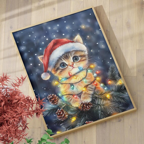 Cute Baby Cat In Santa Hat Watercolor Painting Poster Or Canvas Print Festive Winter Wall Decor Christmas Holiday