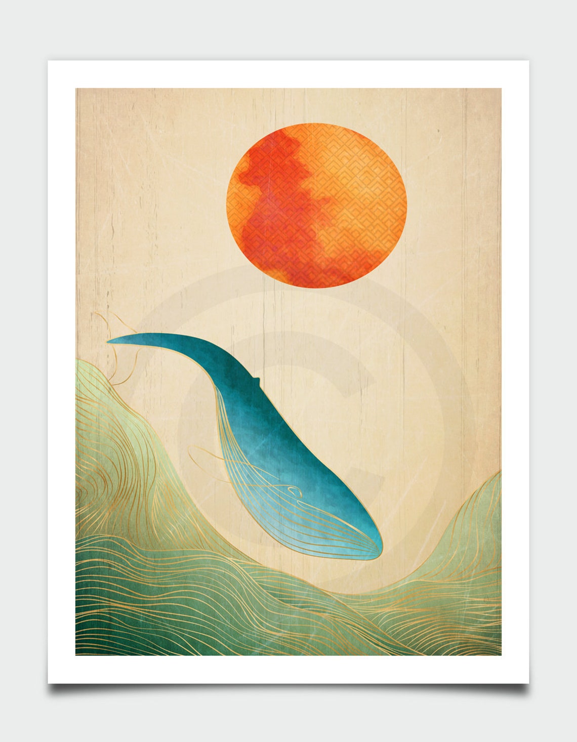 Japanese Whale Ocean Art Red Sun Golden Waves Japandi Wall Art - Image 4