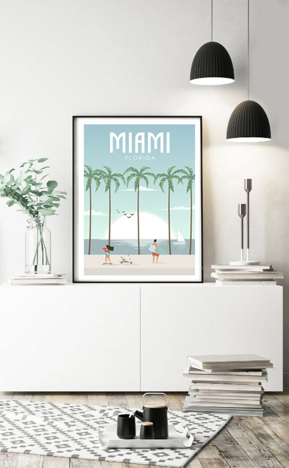 Miami Florida Beach Palms Surfer Skateboard Retro Travel Poster - Image 3