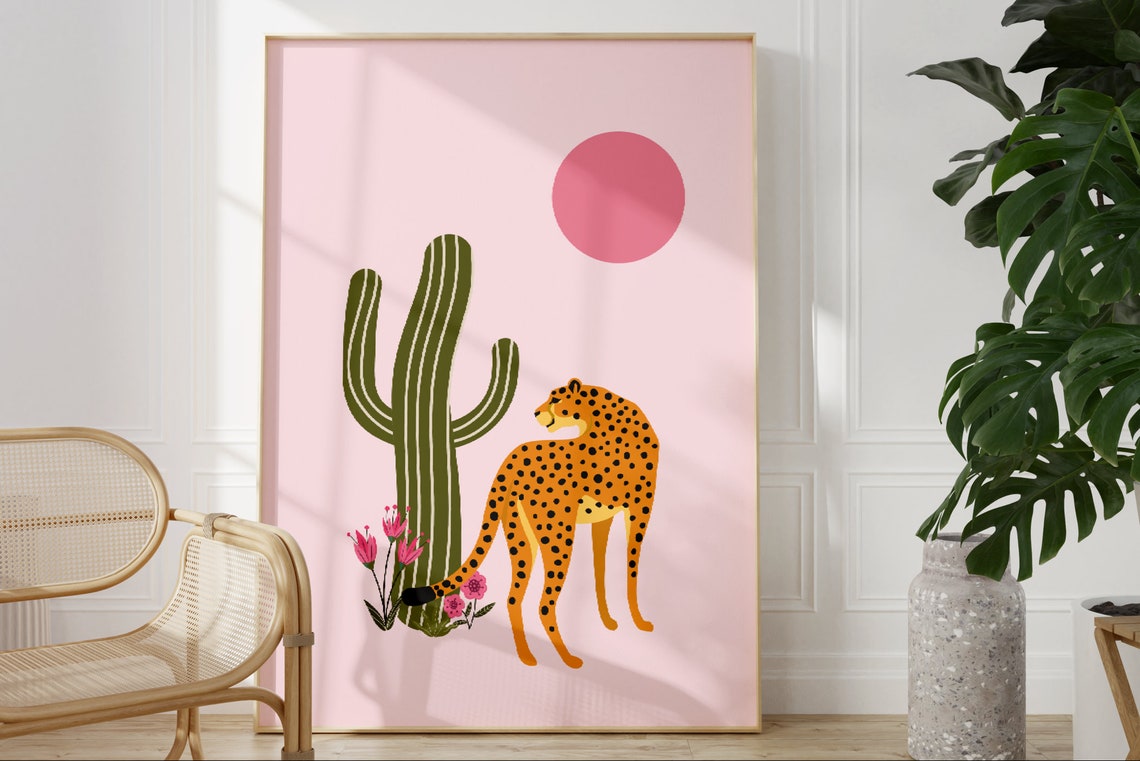 Pink Leopard And Cactus Print Unframed Boho Desert Art Print Botanical Flower Animal Poster Gallery Wall