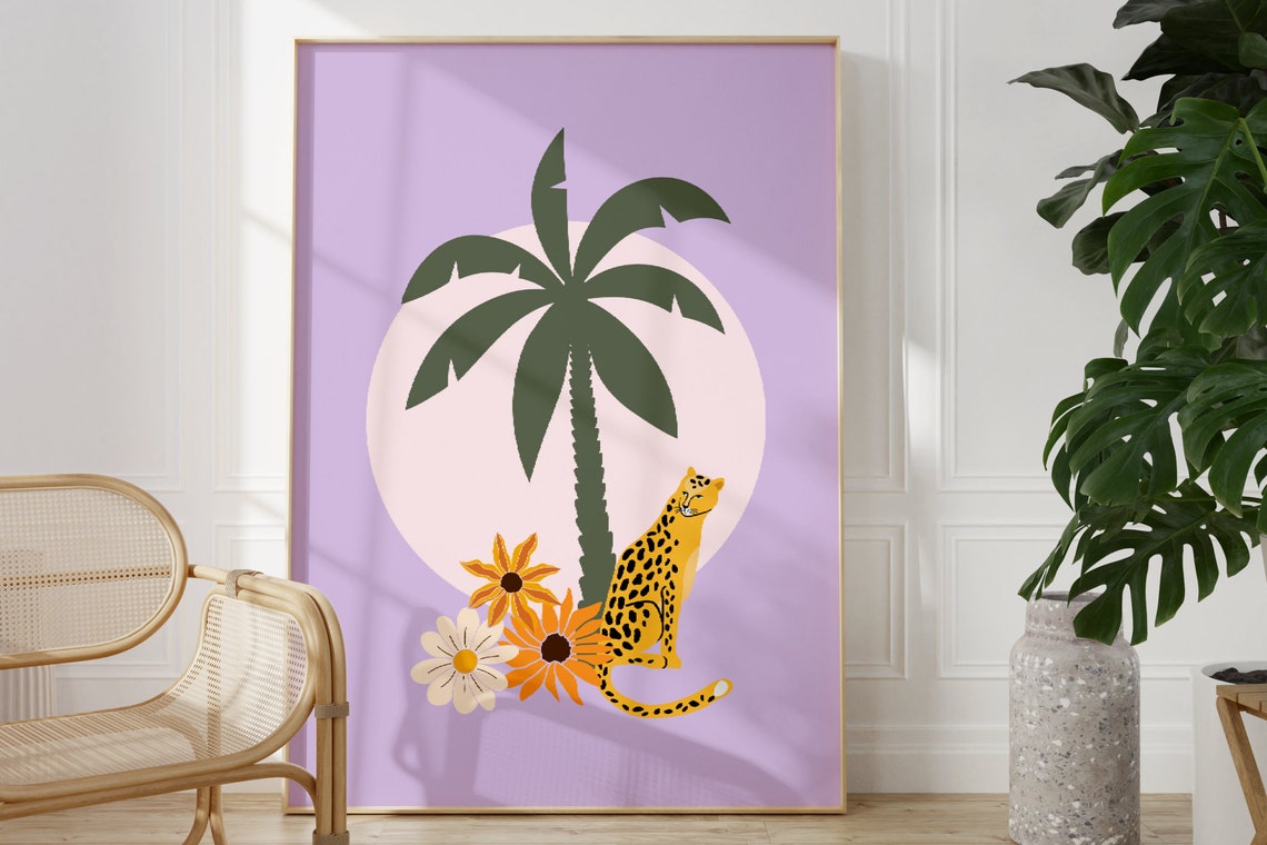 Purple Leopard Flower Print Unframed Colourful Animal Palm Tree Print Eclectic Boho Jungle Home Decor