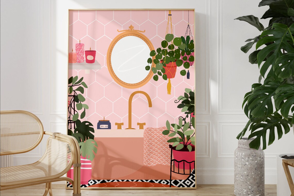 Pink Bathroom Print, Boho Bathroom Art Print