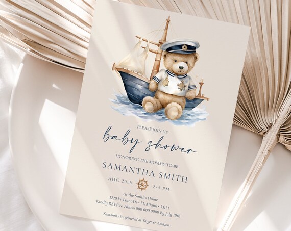 Nautical Sailor Teddy Bear Baby Shower Invitation Template Print